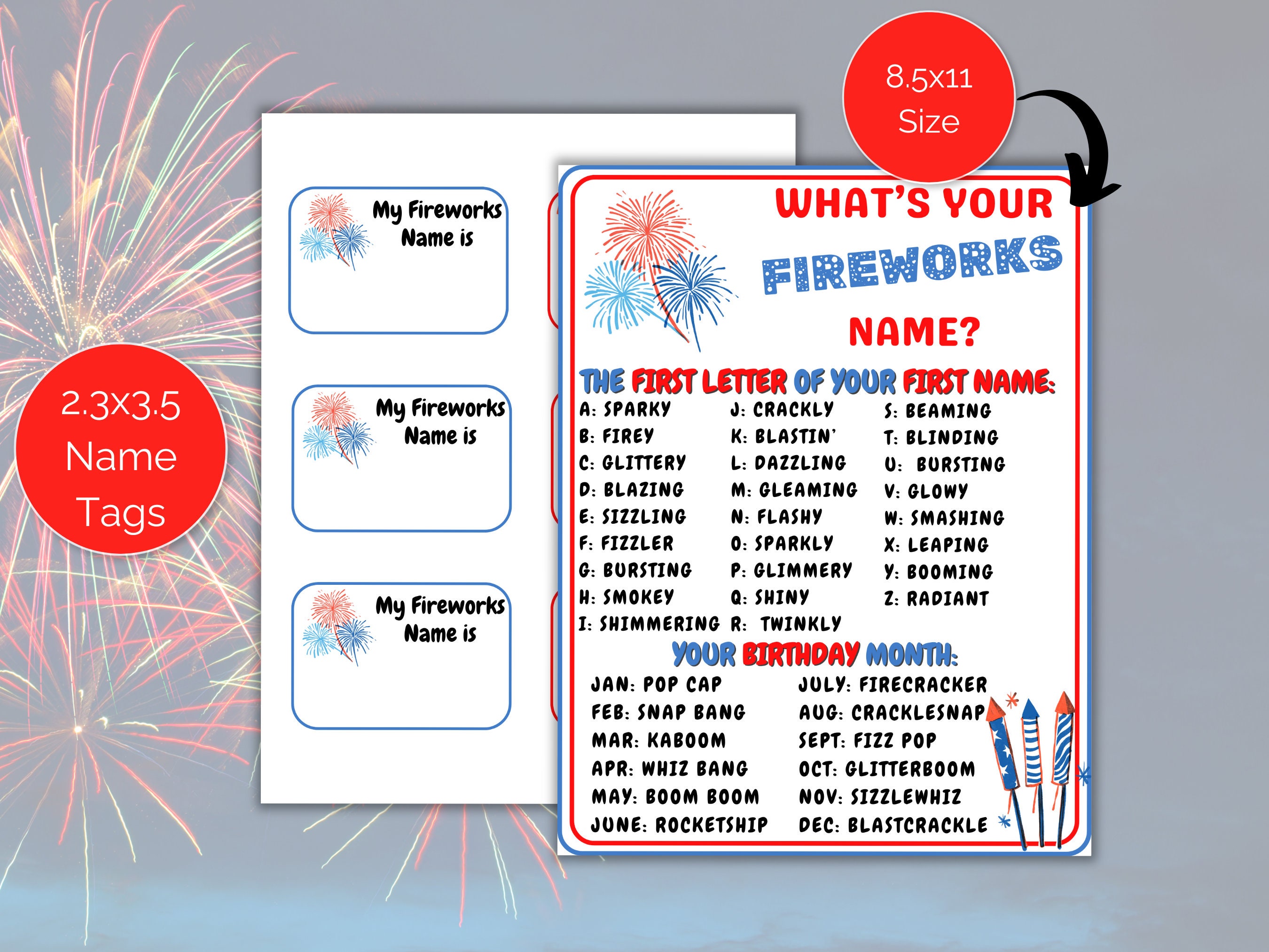 Firework Name Plates What's Your Fireworks Name Game + Name Tags, July 4th Printable ...