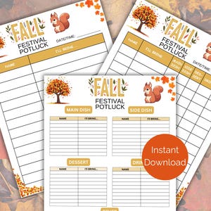 Könnte beinhalten: Druckbarer Anmeldezettel für ein Herbst-Festival-Potluck mit einem Eichhörnchen- und Herbstlaub-Design. Der Zettel enthält Abschnitte für Namen, was Sie mitbringen, Hauptgericht, Beilage, Dessert und Getränke.