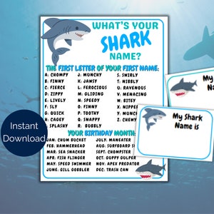 What&#39;s Your Shark Name Game + Name Tags, Shark Birthday Party Activity, Shark Themed Printable Game, Shark Themed Party For kids or adults