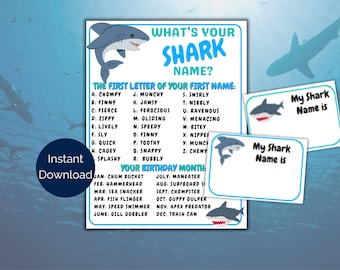 What&#39;s Your Shark Name Game + Name Tags, Shark Birthday Party Activity, Shark Themed Printable Game, Shark Themed Party For kids or adults