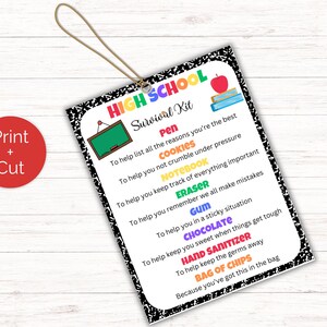 May include: A printable high school survival kit checklist with a black and white notebook pattern background. The checklist includes items like a pen, cookies, notebook, eraser, gum, chocolate, hand sanitizer, and a bag of chips. The text reads "High School Survival Kit".