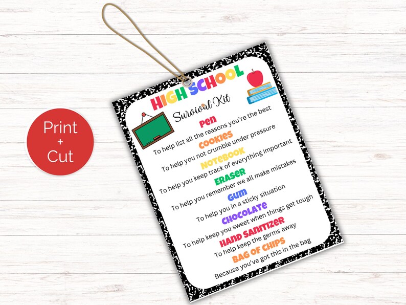 May include: A printable high school survival kit checklist with a black and white notebook pattern background. The checklist includes items like a pen, cookies, notebook, eraser, gum, chocolate, hand sanitizer, and a bag of chips. The text reads "High School Survival Kit".