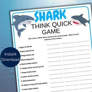 Shark Think Quick, Shark Birthday Party, Shark Party Game, Shark Week Game for kids and adults, Shark Activity, Shark Themed Printable