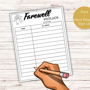 Farewell Potluck Sign up Sheet, Printable Going Away Party Potluck Sign