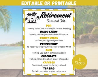Editable Retirement Survival Kit Gift Tag, Happy Retirement Party Gift, DIY Retirement Gift, Funny Staff Appreciation Survival Kit Template