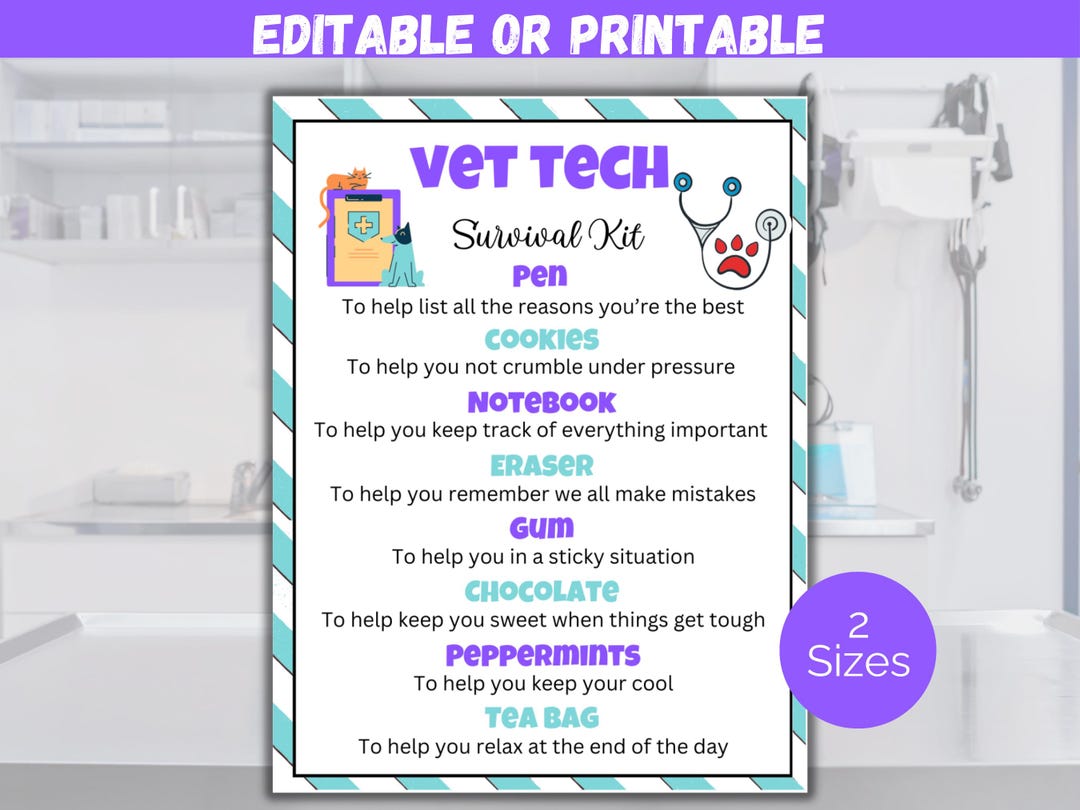 Editable Vet Tech Survival Kit Gift Tags, Veterinarian Technician ...