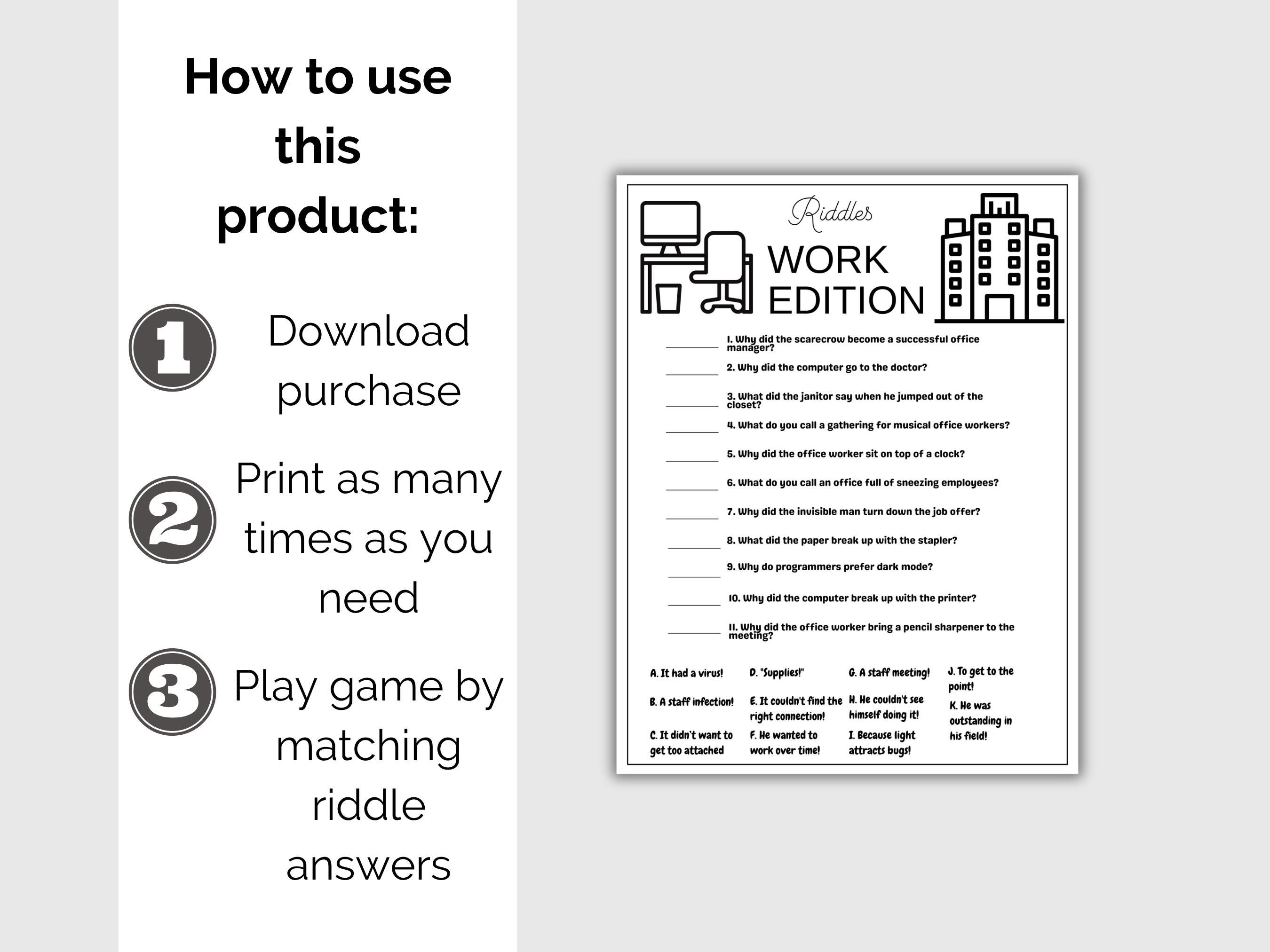 Printable Office Riddles Office Party Jokes, Office Riddles, Work Riddles, Office Party ...