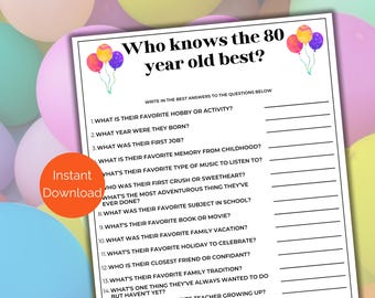 Who Knows the 80 Year Old Best Game, Printable 80th Birthday Party Games, How Well Do You Know the 80 Year Old, Eightieth Birthday Game