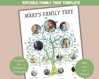 Plantilla de árbol genealógico editable, gráfico de árbol genealógico con imágenes, gráfico genealógico, árbol genealógico personalizado, regalo para reunión familiar