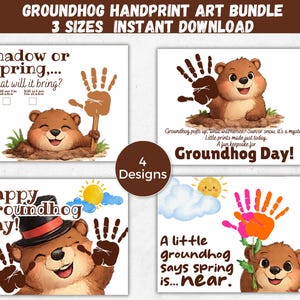 Peut inclure: Un ensemble d'art numérique avec quatre modèles pour le Jour de la Marmotte. Chaque modèle comprend un dessin animé de marmotte avec des empreintes de mains, du texte et des illustrations du soleil, des nuages et des fleurs.
