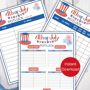 July 4th Potluck Sign Up Sheet, Printable 4th of July Party Potluck Sign Up Form, Independence Day Party Food Sign Up Sheet, July 4th Party