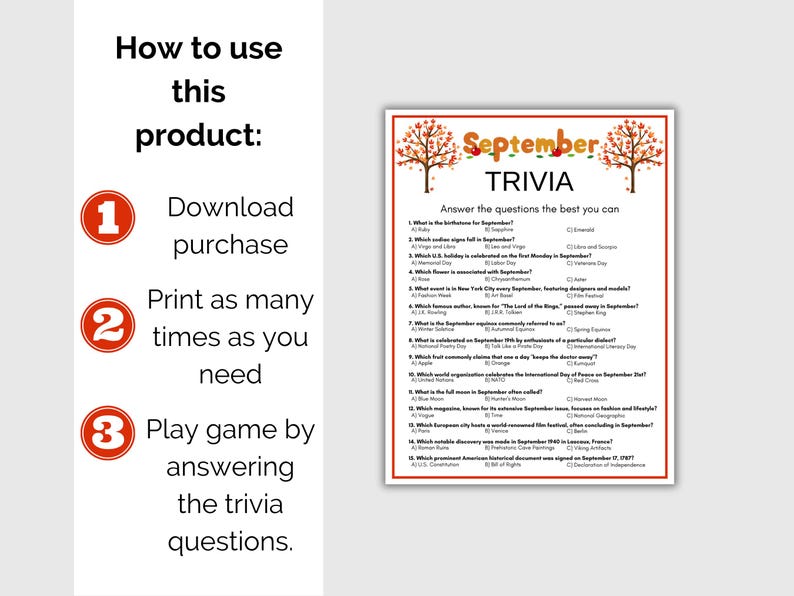 September Trivia Game, Printable September Quiz, Fall Party Game, Fall ...