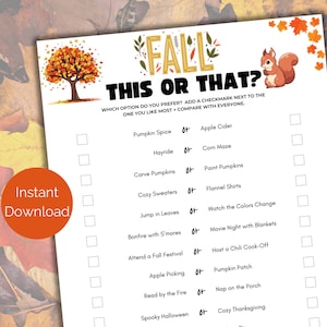 Fall This or That Game, Printable Autumn Party Game, Fun Fall Activities, Fall Ice Breaker Game, Fall Party Games for kids, adults, teens