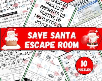 Gioco di fuga dalla stanza "Salva Babbo Natale", kit stampabile per la fuga dalla stanza di Natale, fuga dalla stanza fai da te per bambini, adolescenti o famiglie, fuga dalla stanza a casa