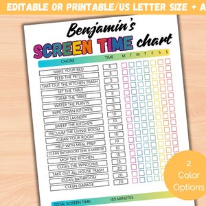May include: A printable screen time chart titled "Benjamin's Screen Time Chart" with a colorful design. It lists chores like "Make Your Bed" and "Clean Garage" with time allotments. Includes a total screen time of 185 minutes. Features two color options.