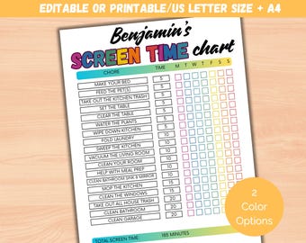 編集可能なスクリーンタイムチェックリスト、夏のスクリーンタイムチェックリスト、印刷可能なスクリーンタイムトラッカー、子供のスクリーンタイム家事チャート、スクリーンタイムの獲得