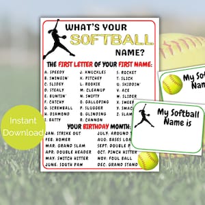 What&#39;s Your Softball Name Game + Name Tags, Softball Birthday Party, Softball Team Party, Softball Printable, Softball Team Building Game