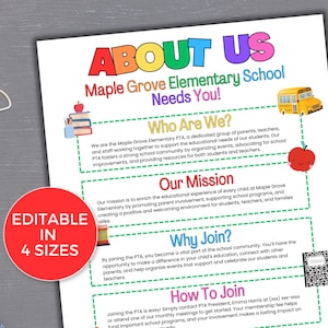 May include: A white flyer with the text "ABOUT US" in colorful letters. The flyer promotes the Maple Grove Elementary School PTA, with sections on the mission, and how to join. A red circle with the text "EDITABLE IN 4 SIZES" is on the bottom left.