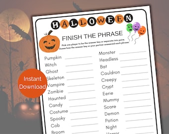Halloween Finish the Phrase Game, Printable Halloween Party Game, Halloween Family Activity, Halloween Game for kids + adults