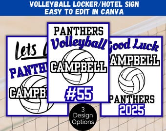 May include: Three volleyball-themed signs with white backgrounds and blue borders. Each sign features a volleyball graphic and text, including "PANTHERS", "CAMPBELL", and "#55". The top banner reads "VOLLEYBALL LOCKER/HOTEL SIGN EASY TO EDIT IN CANVA".