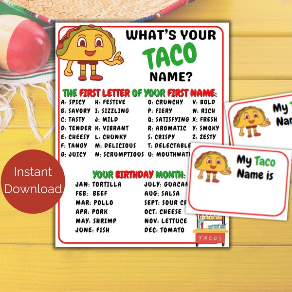 What's Your Taco Name Game + Name Tags, Cinco De Mayo Game, Mexican Fiesta, Quinceanera Taco Tuesday Printable Game for Kids and Adults