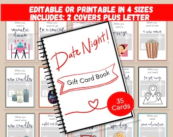 Op de afbeelding: Een spiraalgebonden "Date Night! Gift Card Book" met 35 kaarten, met verschillende date-ideeën. De omslag bevat rode tekst en een hartontwerp. Extra kaarten suggereren activiteiten zoals een romantisch diner.