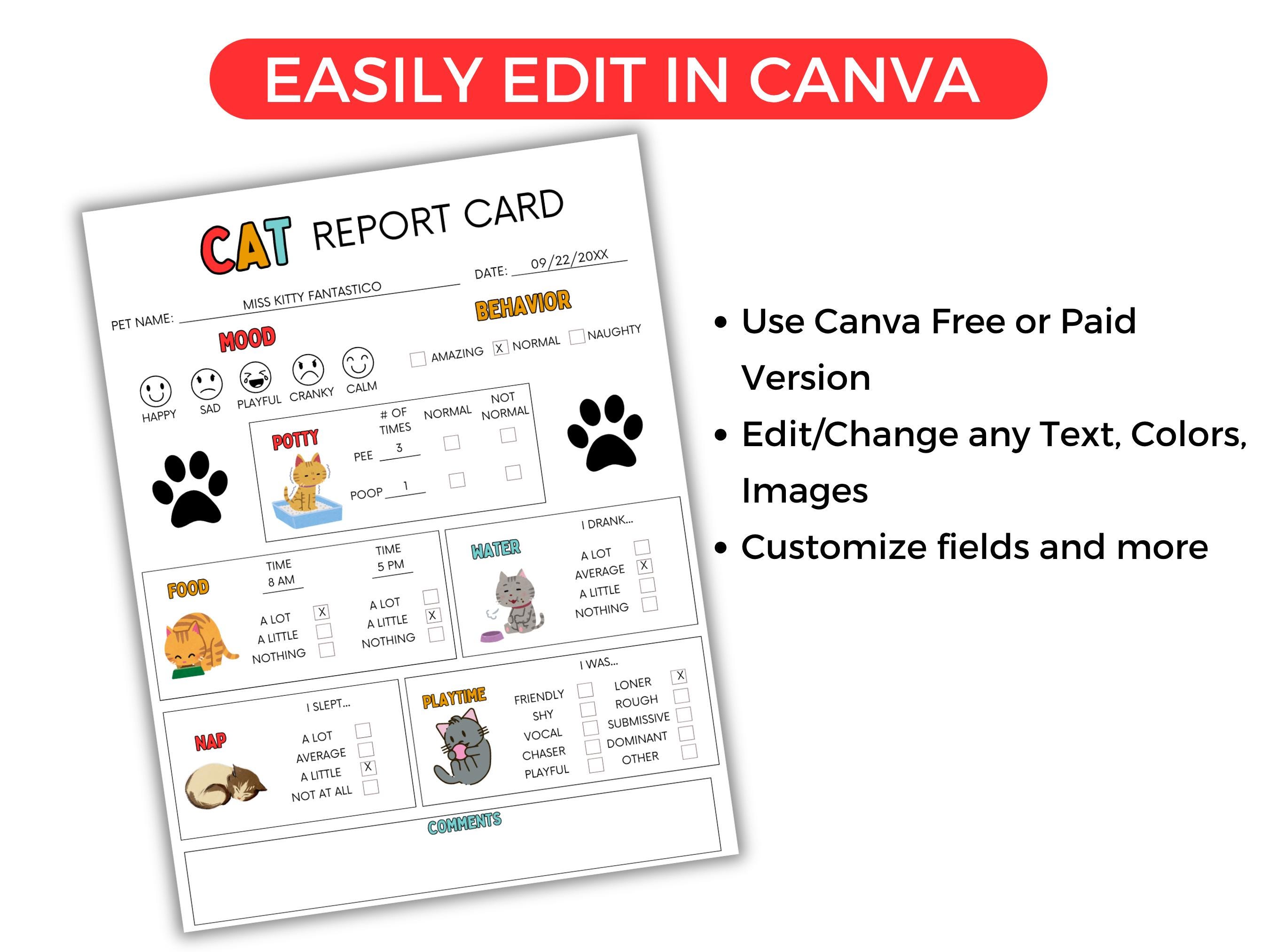 EDITABLE Cat Report Card, Cat Boarding Report, Cat Daycare Report Card ...