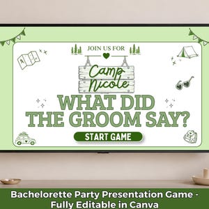May include: A digital presentation screen with a light green border. The screen displays the text "Camp Nicole" and "What Did The Groom Say?" in green. Decorative camping-themed graphics surround the text, including a map, tent, and sunglasses.