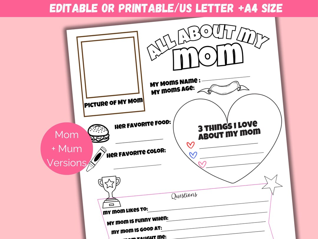 Editable All About My Mom, Mothers Day Gift, Mothers Day