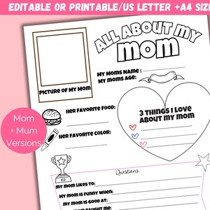 Editable All About My Mom, Mothers Day Gift, Mothers Day Questionnaire, Kids Gift For Mom All About My Mom Printable, Mothers Day Printable
