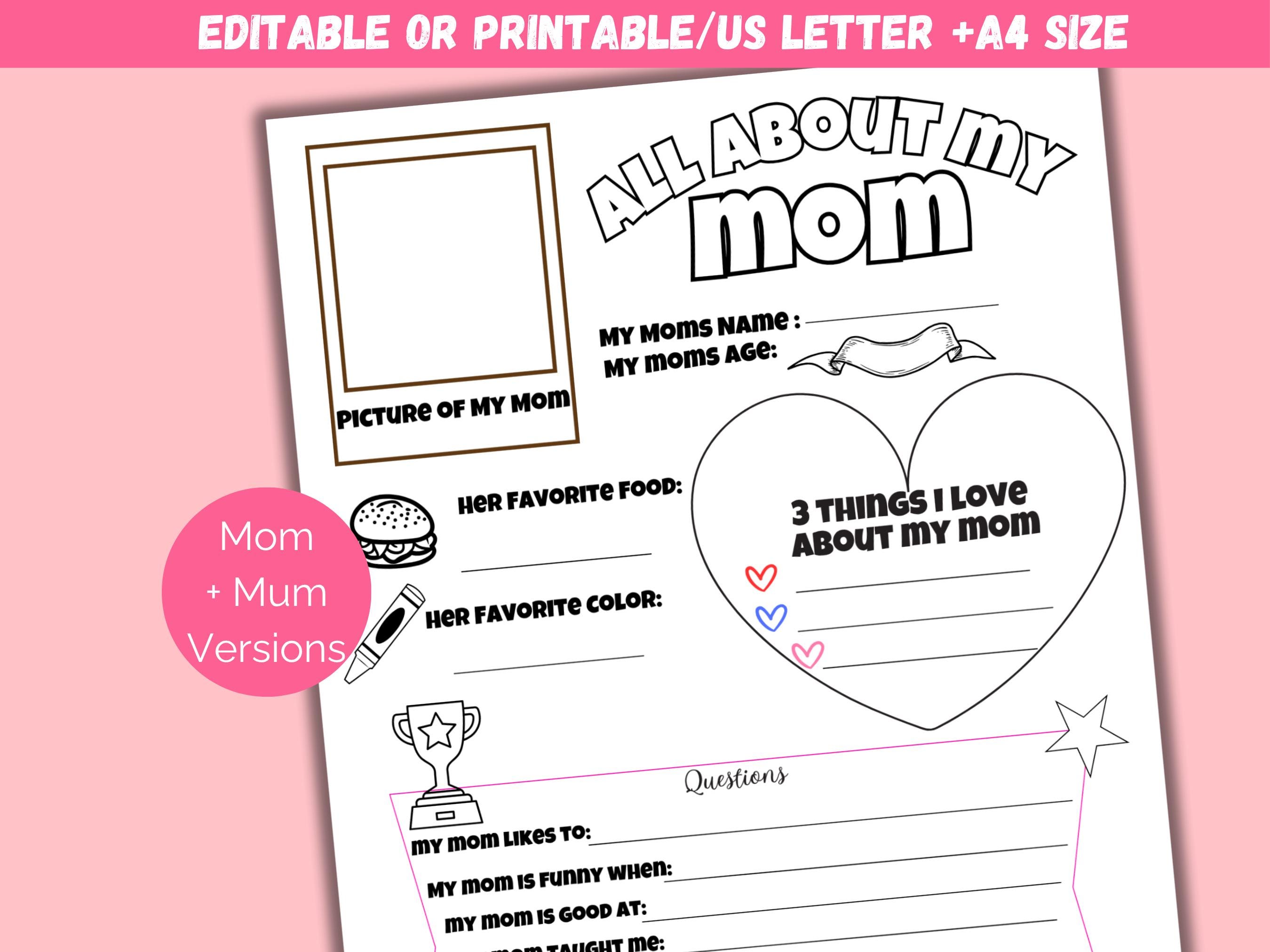Editable All About My Mom, Mothers Day Gift, Mothers Day