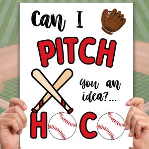 Puede incluir: Un cartel con temática de béisbol con las palabras "Can I Pitch You An Idea?" en negro y rojo. El diseño incluye un guante de béisbol, bates cruzados y pelotas de béisbol.