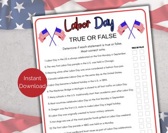 Labor Day True or False Game, Labor Day Quiz, Labor Day Trivia Printable Labor Day Game for kids and adults, Labor Day Activity