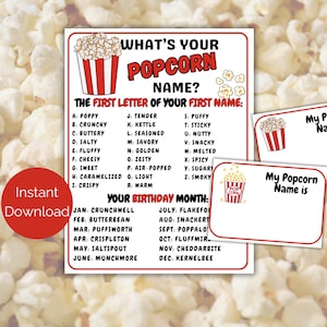 Gra „Jaka jest Twoja nazwa popcornu” + Tagi z imionami, gra imprezowa z popcornem, aktywność na baby shower z popcornem, gra na imprezę urodzinową z popcornem, gra w barze z popcornem