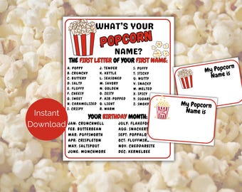 What's Your Popcorn Name Game + Name Tags, Popcorn Party Game, Popcorn Baby Shower Activity, Popcorn Birthday Party Game, Popcorn Bar Game