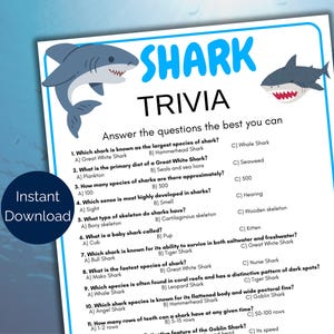 Shark Trivia Game, Shark Quiz, Shark Week Activity for Kids and Adults, Shark Party Game, Shark Birthday Party Activity, Shark Printable