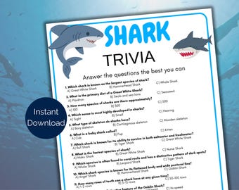 Juego de trivia sobre tiburones, cuestionario sobre tiburones, actividad de la Semana del tiburón para niños y adultos, juego de fiesta sobre tiburones, actividad de fiesta de cumpleaños sobre tiburones, material imprimible sobre tiburones