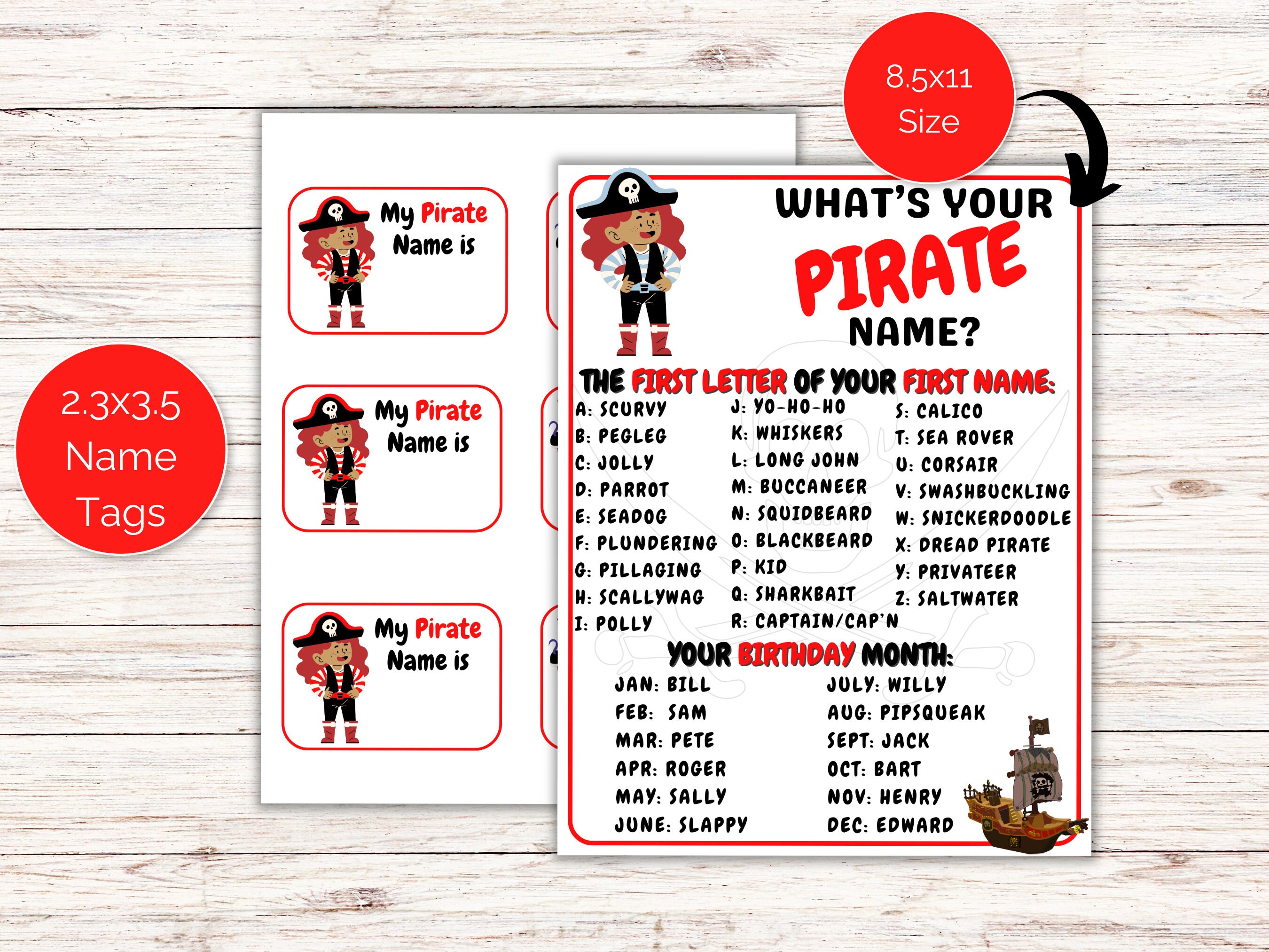 What's Your Pirate Name Game + Name Tags, Pirate Birthday Party Game ...