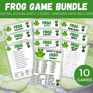 May include: A set of 10 printable frog-themed games for kids. The games include word scramble, word list, riddles, word search, candy dice, A to Z, what's your frog name, think quick, trivia, and this or that. The games are perfect for a frog-themed party or classroom activity.