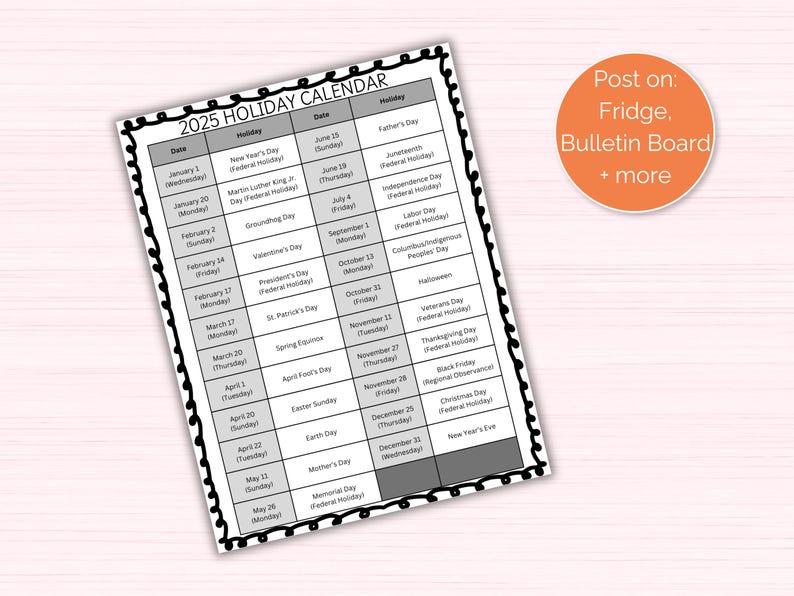 2025 Holiday List, List of 2025 Holidays in Order, Printable List of