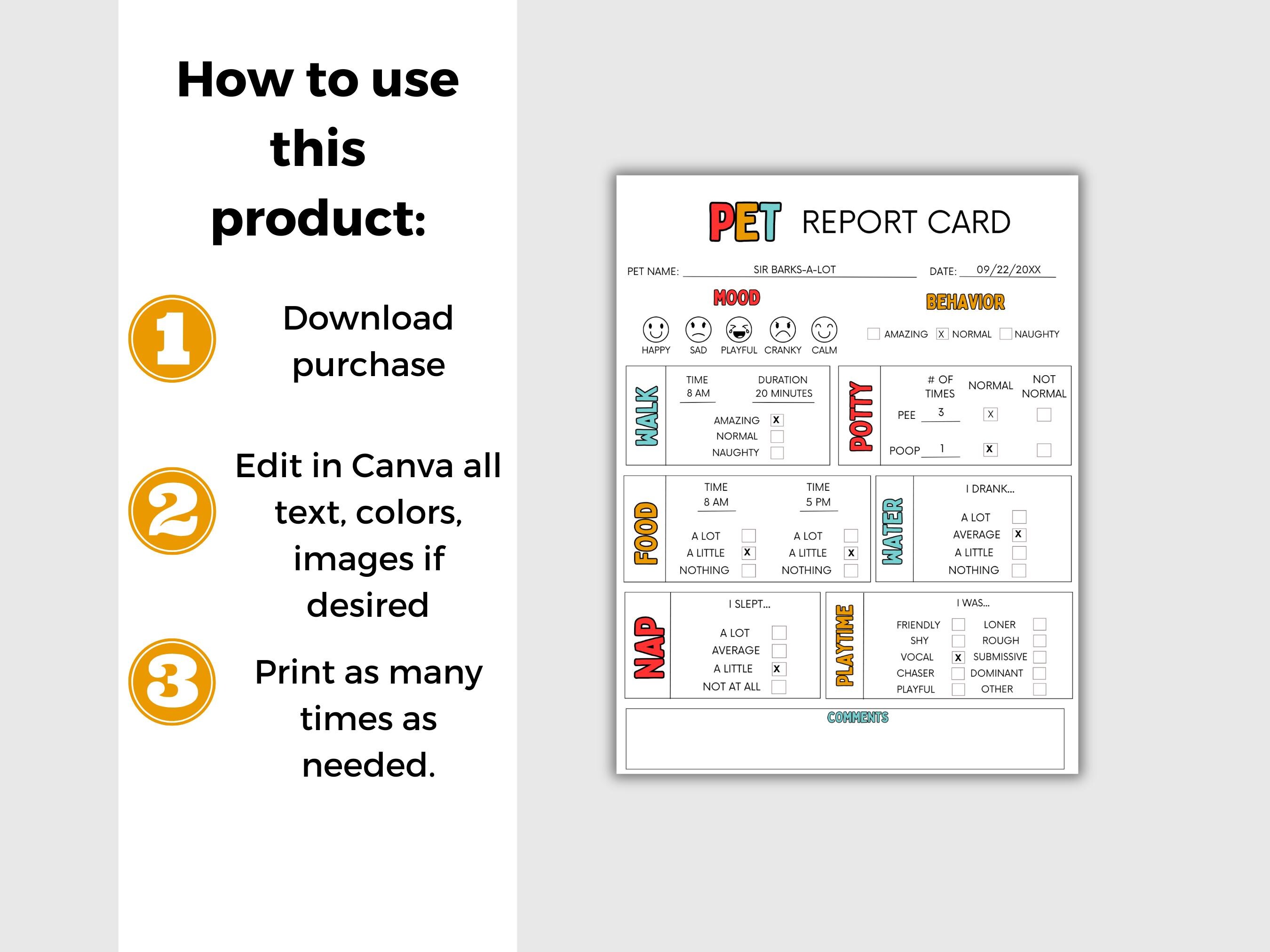 EDITABLE Pet Report Card, Pet Boarding Report, Pet Daycare Report Card ...