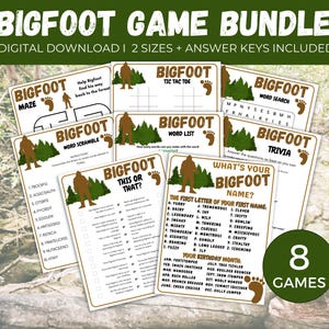 Bigfüße Spiele, Bigfüße Party druckbare, Sasquatch Aktivität für Kinder, Bigfüße Trivia Spiel, Bigfüße Wortspiele