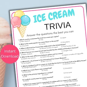 May include: A printable ice cream trivia game with a colorful ice cream cone illustration. The game features 11 questions about ice cream, with multiple choice answers. The questions cover topics such as the most popular ice cream flavor, the history of ice cream, and the difference between gelato and ice cream.