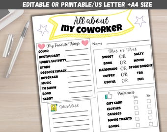 Editable All About My Coworker, Getting To Know You Printable, Coworker Favorite Things, Coworker Questions, Employee Favorite Things Survey