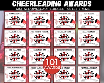 May include: A collection of 101 cheerleading awards, digital downloads, in US letter size. Each award features a unique title, a megaphone graphic, and the name "Nikki Campbell". The awards are in red, black, and white.
