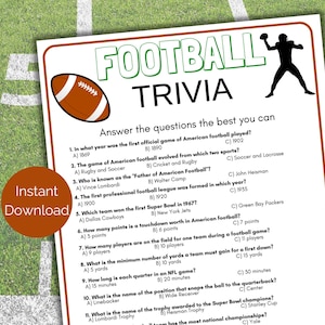 Football Trivia Game, Football Quiz, Printable American Football Game, Football Party Games for kids, teens and adults, Tailgate Party