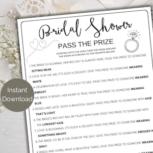 Bridal Shower Pass The Prize, Printable Bridal Pass the Parcel Game, Bridal Pass the Gift Poem, Bridal Activity, Bridal Shower Prize