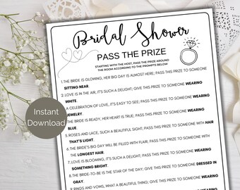 Juego de pasar el paquete para despedida de soltera, juego imprimible de pasar el paquete para despedida de soltera, poema de pasar el regalo para despedida de soltera, actividad para despedida de soltera, premio para despedida de soltera