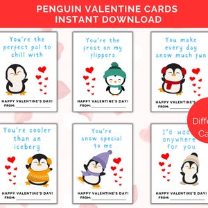 Cartes de Saint-Valentin drôles de pingouin, 6 cartes de Saint-Valentin imprimables de pingouin pour des enfants, Saint-Valentin mignon de pingouin, échange de Valentine de salle de classe