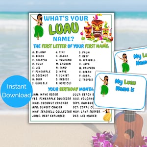 What&#39;s Your Luau Name Game + Name Tags, Hawaiian Party Game, Tropical Birthday Party Activity, Aloha Party Printable for Kids or Adults